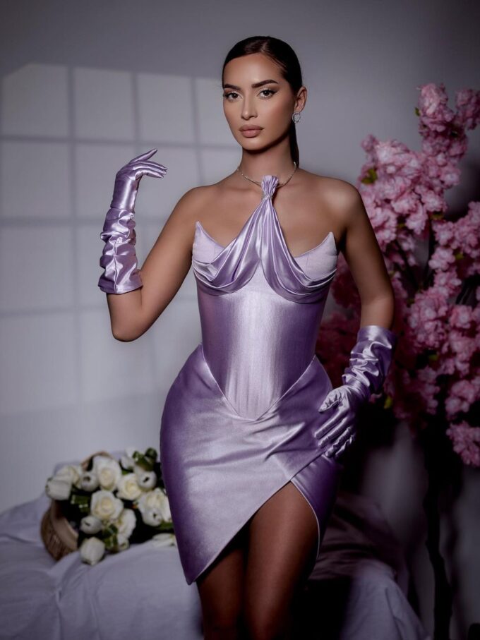 Lavender Elegance Satin Dress with Gloves